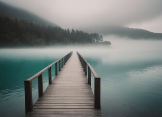 Naklejka premium A Beautiful Serene Lake View Featuring a Wooden Pier Set Within a Misty Landscape Scene