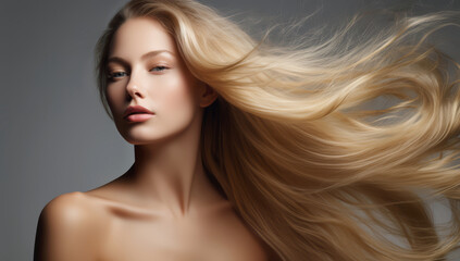 Fototapeta premium Beautiful woman with long shiny golden hair flowing in the wind, hair care concept
