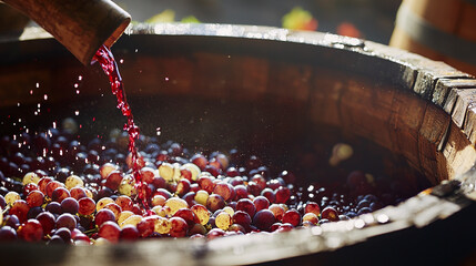 an artisanal wine-making process, with grapes being crushed underfoot in a large wooden vat
