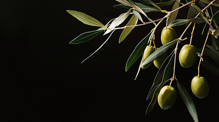 Obraz premium close-up of an olive tree's branches with ripe olives hanging from them, premium photography, moody black background
