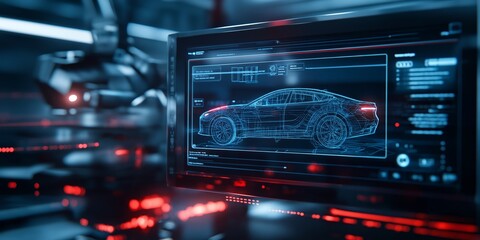Fototapeta premium A high-tech holographic display of a car being designed and developed in a futuristic setting, showcasing advanced technology and innovation.
