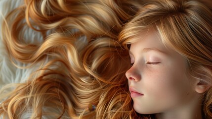 Naklejka premium Photography, child interacting with Wigs, Carving, high angle, bright background, minimalist style