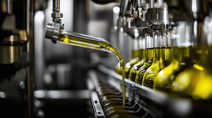 An olive oil mill in action, with a focus on the machinery and freshly pressed olive oil