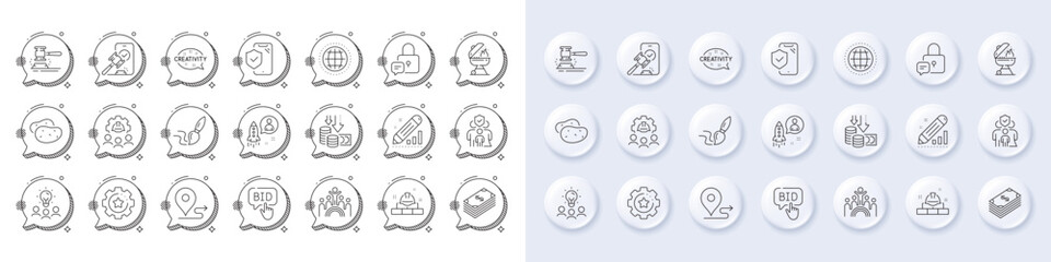 Settings gear, Globe and Phone insurance line icons. White pin 3d buttons, chat bubbles icons. Pack of Brush, Inclusion, Engineering team icon. Dollar, Creativity, Grill pictogram. Vector