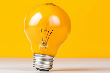 A light bulb is sitting on a table with a yellow background. The light bulb is turned off, but it is still lit up, creating a warm and inviting atmosphere