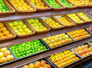 Assortment of fresh citrus fruits on a shelves in store, on market counter. A variety of citrus fruits, oranges, tangerines, lime, lemons, pomelo.