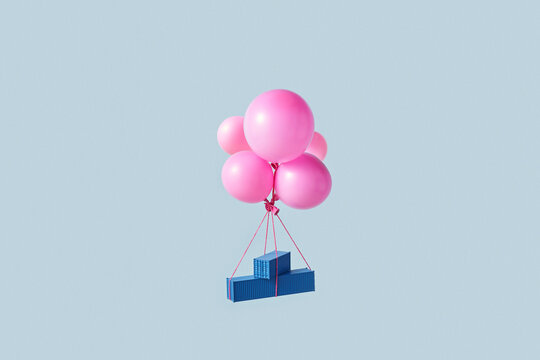 Two blue cargo containers floating in air tied to pink balloons 
