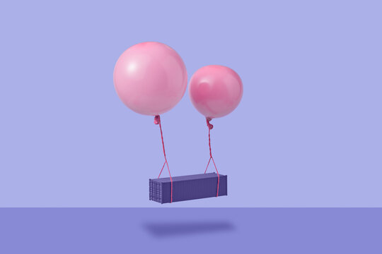 Pink gel balloons lifting cargo container over violet surface