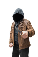 Dangerous faceless and criminal man wearing brown leather jacket and hoodie holding a knife,...