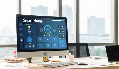Smart home technology, centric remote control system with digital dashboard for air conditioning, safety security network or house automation. App software, ui panel programming IOT monitor snugly