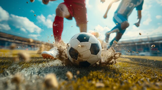 Dynamic action soccer match on a sunny day with players running and kicking ball, dirt flying during a close-up shot.