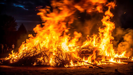 Bright flames rising and moving at dark nigh in blurred background
