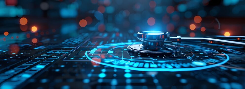 A close-up of a glowing stethoscope on a digital interface, symbolizing the fusion of healthcare and technology. Ideal for medical and tech-related themes.