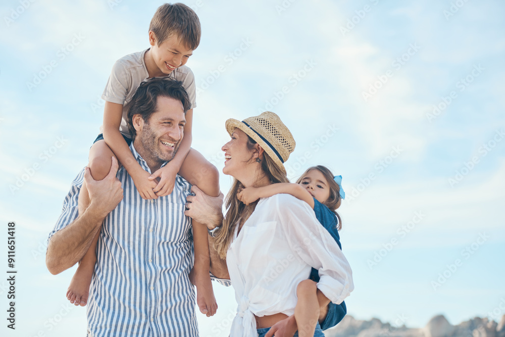 Canvas Prints Family, happy and carrying on beach for travel, holiday and bonding together in summer with sunshine. Mom, dad and kids by ocean for relax, vacation and relationship with shoulder ride and blue sky