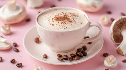 Obraz premium Mushroom Coffee in Speckled Ceramic Cup. A creamy cup of mushroom coffee in a speckled ceramic cup and saucer, surrounded by coffee beans and fresh mushrooms on a pastel background