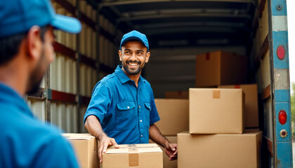 Indian Delivery Workers Smiling While Unloading Packages from Truck