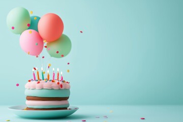 Colorful birthday cake with lit candles and festive balloons against a teal background, perfect for celebrations and party themes.