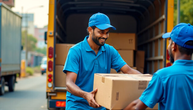 Indian Delivery Workers Smiling While Unloading Packages from Truck