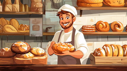 cartoon of a baker inside his bakery