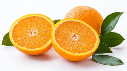 orange with cut in half and green leave isolated on white background