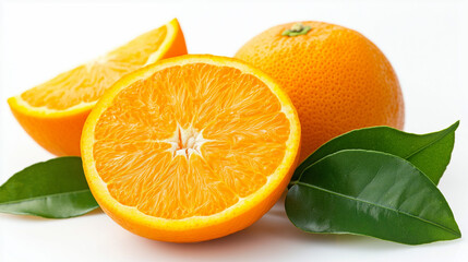 orange with cut in half and green leave isolated on white background