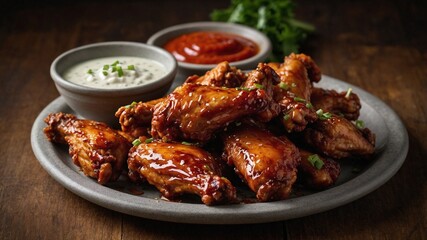 Spicy Chicken Wings: Glazed with Fiery Hot Sauce, Crispy Edges Fresh Off the Grill, Served with Celery Sticks and Creamy Ranch Dressing on a Rustic Platter in a Warm, Inviting Kitchen Setting 