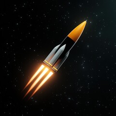 Rocket launching into deep space with flames and stars in the background