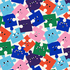 Colorful seamless puzzle pattern. Geometric print of jigsaw pieces in different shapes and cute faces, education concept. Vector texture