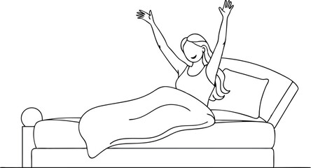 Woman Stretching In Bed In Morning Line Art Drawing
