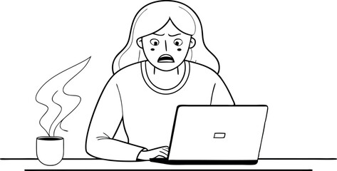 Stressed Woman Working On Laptop With Coffee