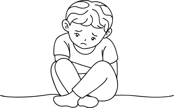 recommend clip art: Sad Child Sitting Alone in Black and White Line Art