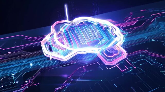 Abstract AI concept: microchip with brain logo processing data. Digital lines move from the logo, visualizing cloud computing. connection, cyber, data, electronics, future, futuristic, graphics