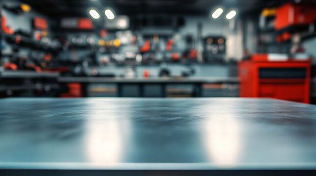 A metal blank tabletop with blurred automotive tools and parts in the background suitable for promoting automotive products