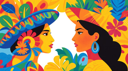 Hispanic people, young women wearing colourful clothes and jewellery against abstract colourful flower background. Spanish culture, heritage month celebration