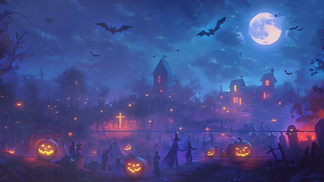 Happy Halloween featuring a spooky graveyard under a moonlit night. Seamless looping time-lapse 4K video animation with eerie headstones and ghostly figures.
