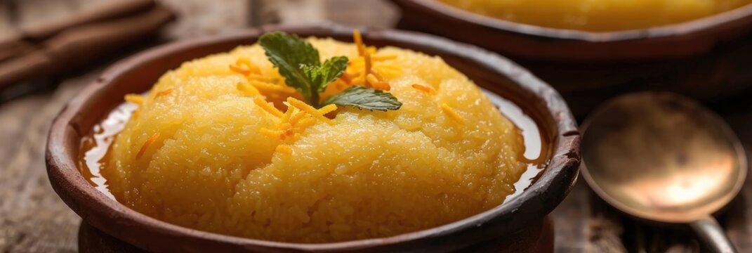 Semolina pudding dessert also known as Rava kesari Kesari bath sheera or suji halwa popular Indian sweet treats for Diwali Pongal Dussehra and Ugadi celebrations in Karnataka Tamil Nadu Sou
