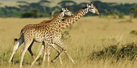 Pair of giraffes walking in the African savanna