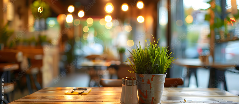 Poster blurry backdrop of a common eatery with focused area suitable for text or caption, also known as a c