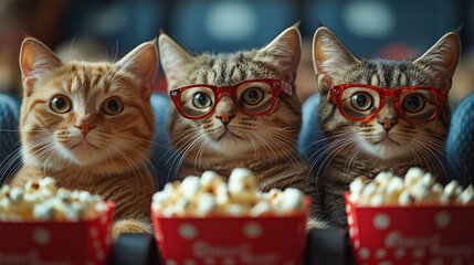 Three cats with popcorn on a dark background. 3D illustration.