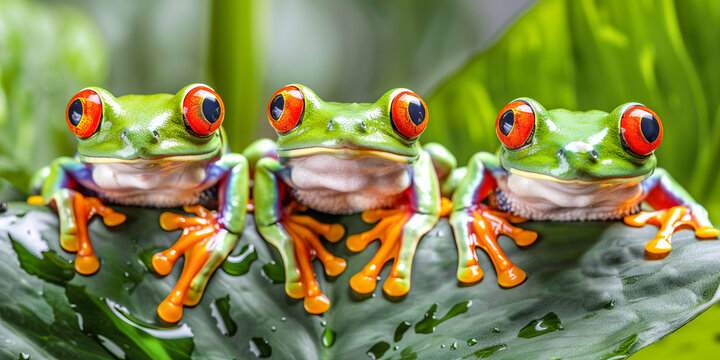 Three red-eyed tree frogs lined up on leaf