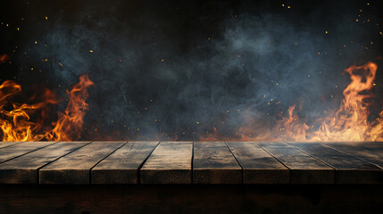 Blank wooden table with fire burning at the edge of the table, fire sparks and smoke with flames on a dark background to display products