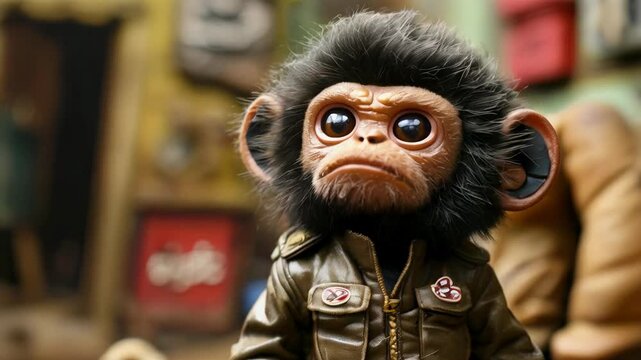 A charming monkey figurine wearing a military jacket is showcased against a vibrant urban backdrop, blending artistry and character in a unique display