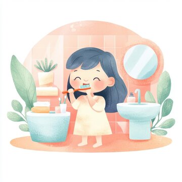 recommend clip art: Cute girl brushing her teeth in the bathroom, watercolor illustration.