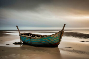 Fototapeta premium una barca deteriorada abandonada en la playa durante el atardecer con el mar de fondo