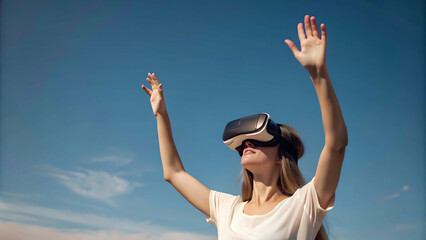 Woman touching air in VR glasses
