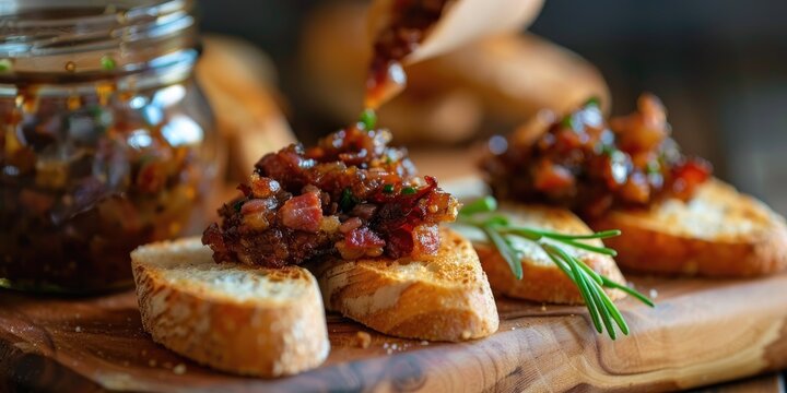 Close up of bacon jam in a jar being spread on toasted baguette slices
