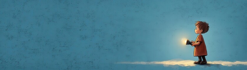Little girl holding flashlight in a blue landscape.