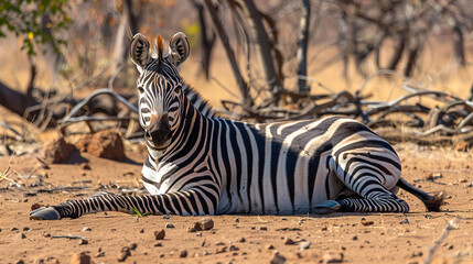 Fototapeta premium Zebra lying down on arid ground in African wilderness