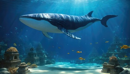 Naklejka premium A serene underwater scene featuring a whale exploring submerged ruins, with vibrant marine life and coral formations basking in the sunlight's gentle glow
