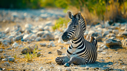 Zebra resting on rocky terrain in sunny savannah landscape